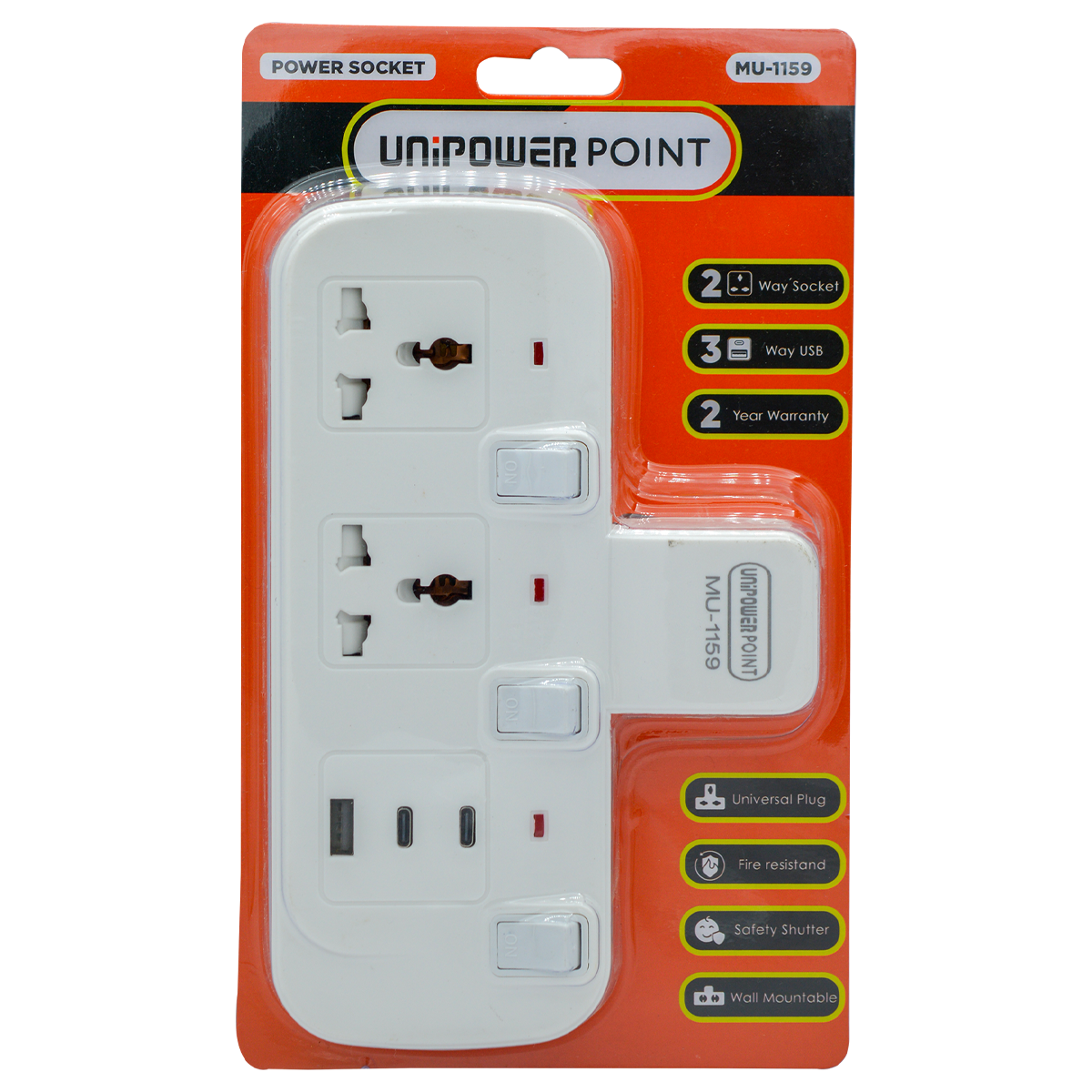 MU-1159 UNIPOWER POINT 3 WAY T SOCKET- 2 USB-1C TYPE PORT